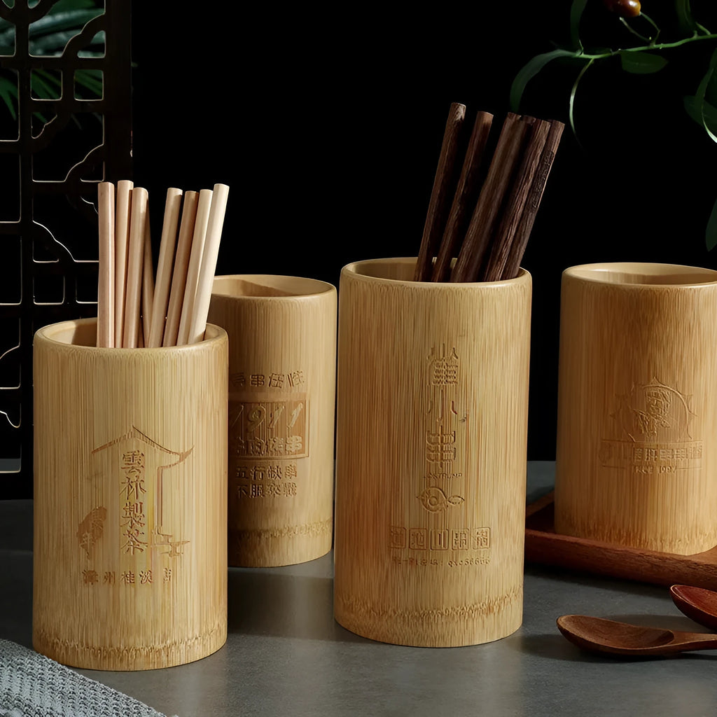 Bamboo chopstick holder tube in natural finish with multiple size options for utensil storage