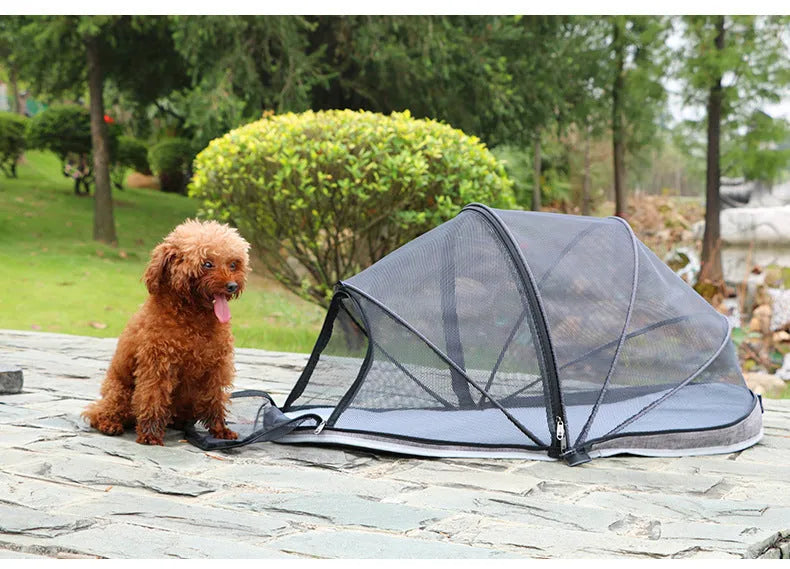 Folding cat tent with half mesh canopy in black or blue options