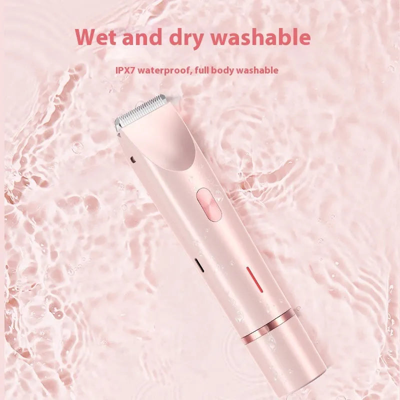 Pink 2 in 1 women's electric hair remover double head shaver with USB cable on white background