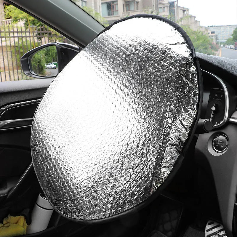 Car steering wheel sunshade cover in aluminium foil with universal fit and simple style