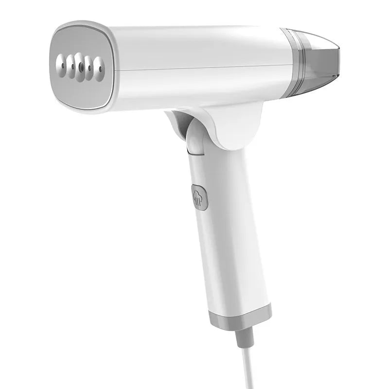 Blue and white handheld garment steamer with temperature control dial and compact 196mm design