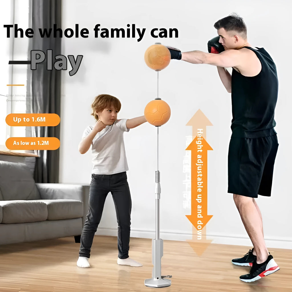 Vertical boxing reaction speed ball set with gray PU gloves on floor for children and adults