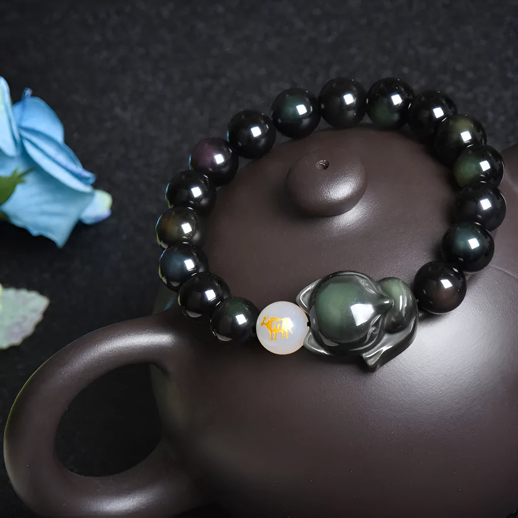 Natural obsidian bracelet 10mm zodiac guardian stone beads gold obsidian style