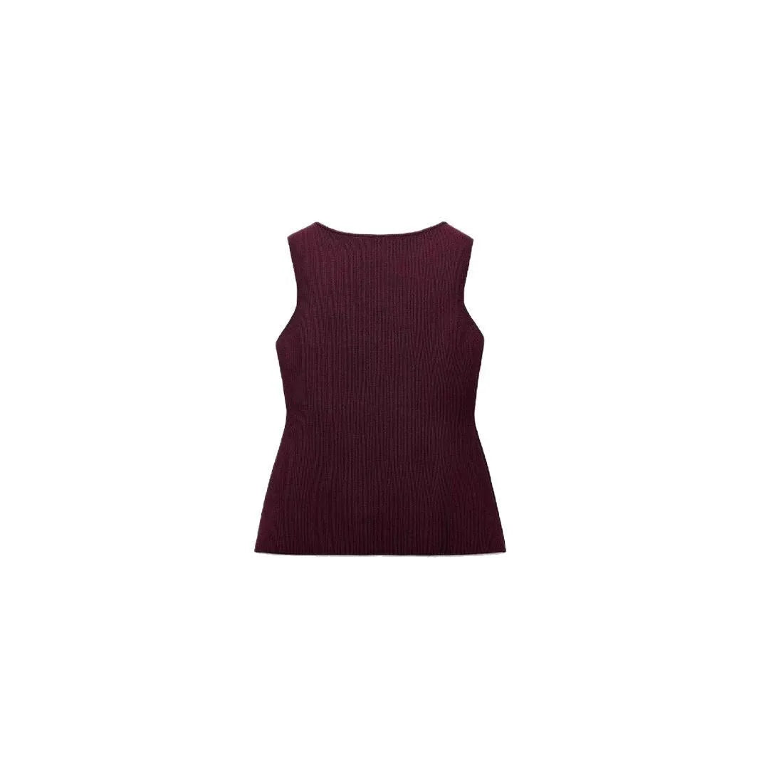 Dark red slim fit sweater vest with gold buttons and 3D pattern texture