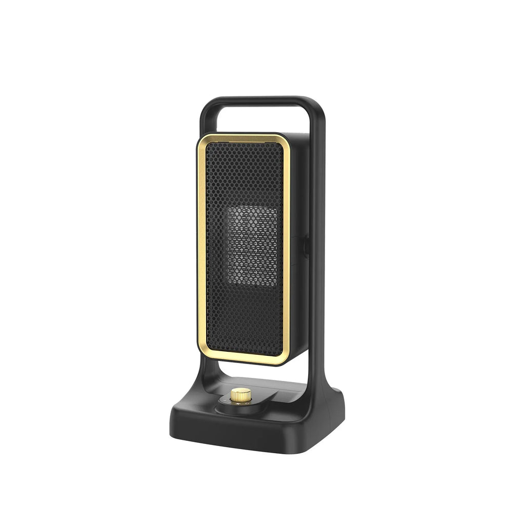 Black PTC ceramic desktop air heater with knob controls showing compact design