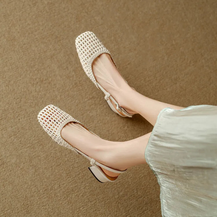 Women's woven hollow-out sandals with chunky heel and square toe in black microfibre