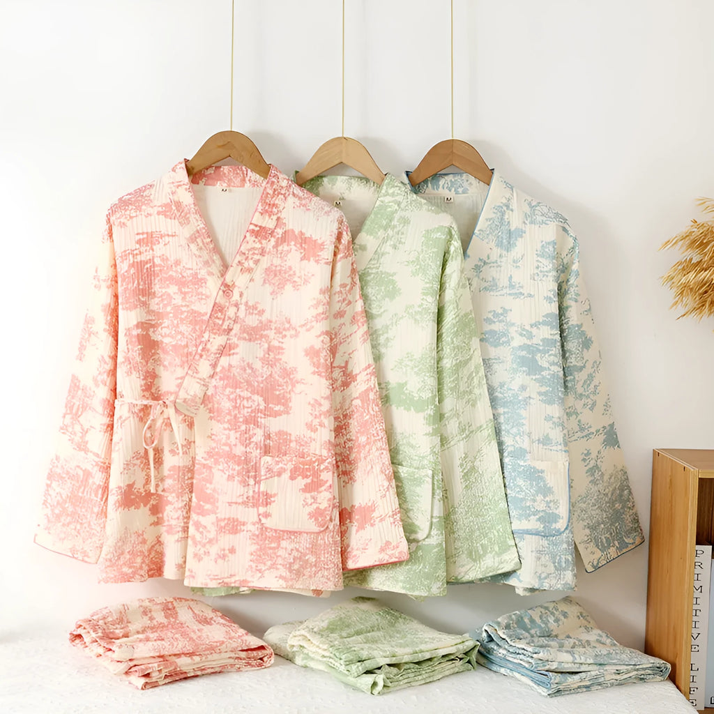 Women's pure cotton double-layer gauze loungewear suit with long sleeves and lace-up trousers in frosted pine tree colours