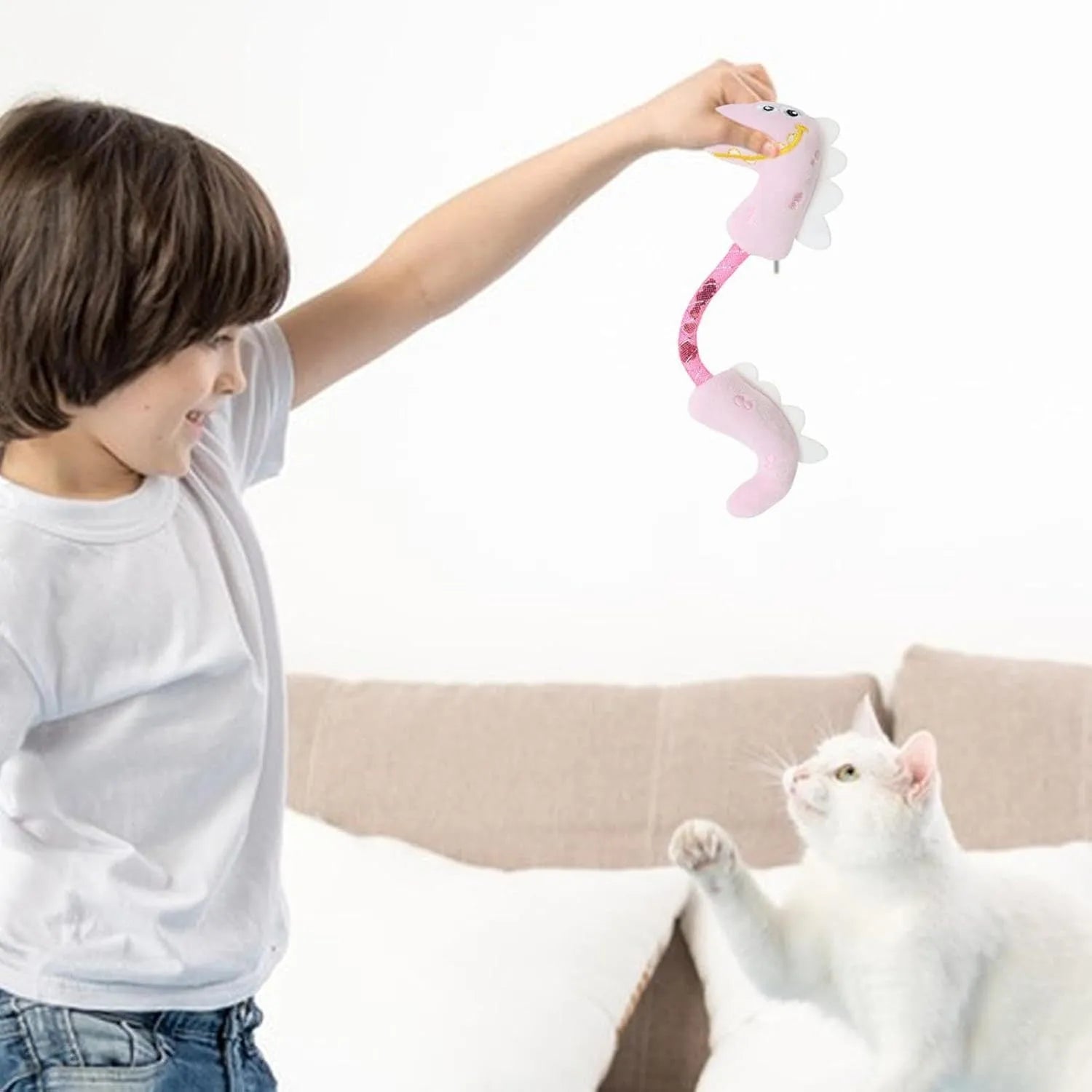 Set of four cat toys including catnip rope, springs and kicker toys in pink, purple or yellow