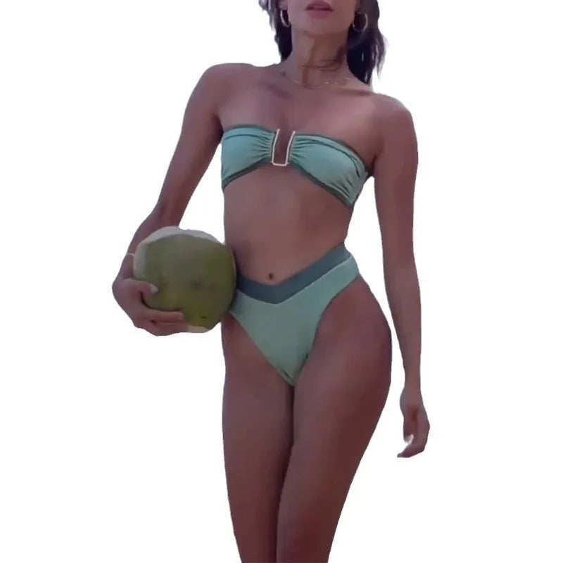 Women's fluorescent green nylon contrast colour bikini suit, sleeveless briefs style, sizes S M L