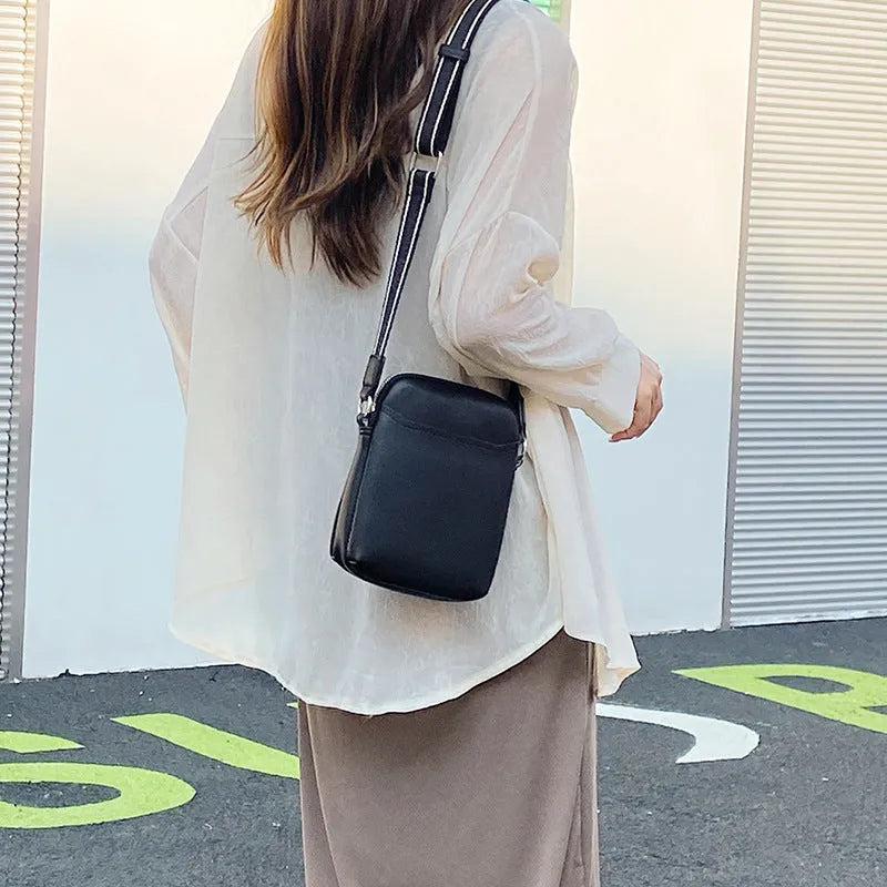 Solid colour mobile phone crossbody shoulder bag showing black, beige, khaki and green options