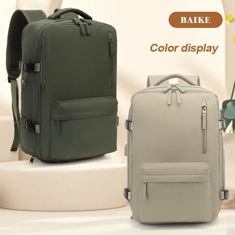 Large grey waterproof Oxford cloth travel backpack with curved shoulder straps shown front view.