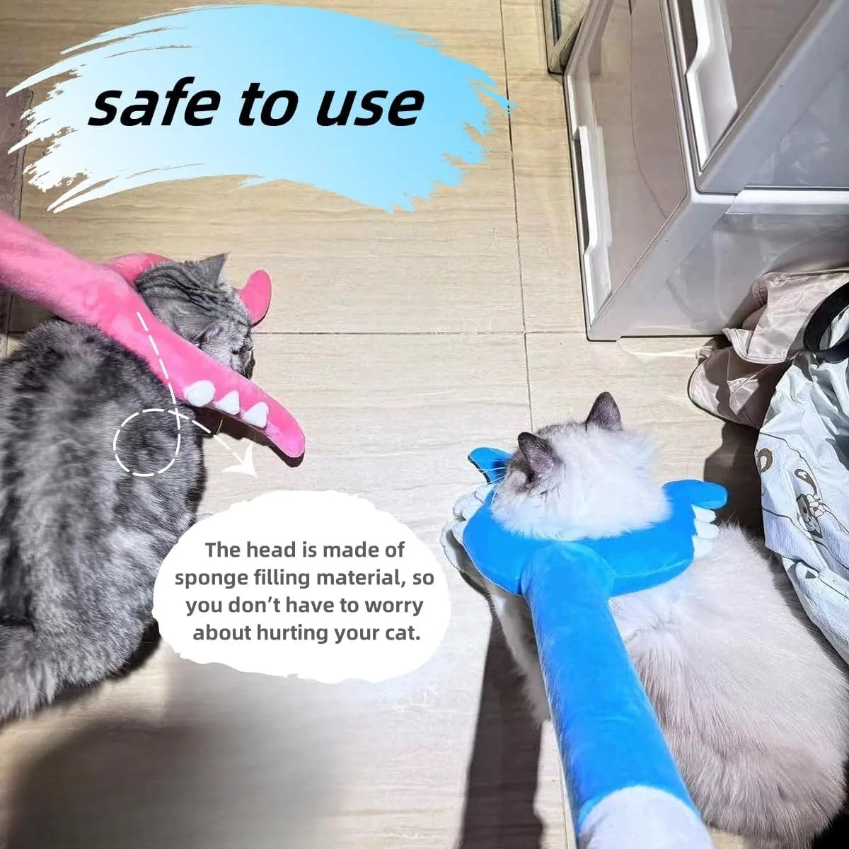 Blue and pink plush cat wand toy measuring 70cm length for behaviour management and interactive play