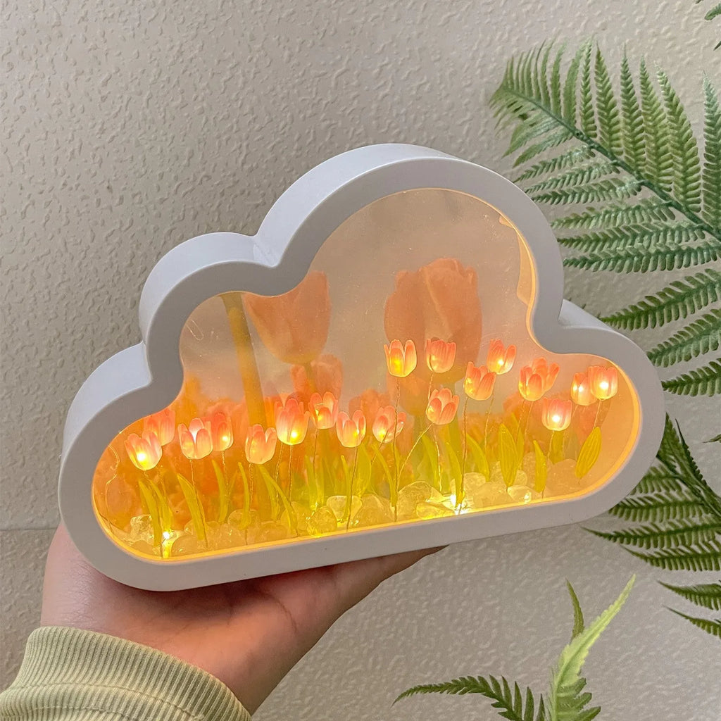 DIY tulip night lamp with cloud tulips, decorative mirror, and photo frame in pink LED mode