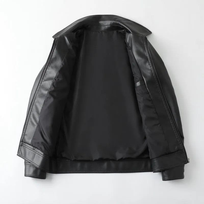 Men's black loose-fit PU leather casual jacket with zipper pockets on a plain background.