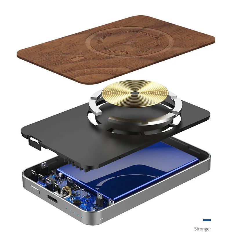 Khaki aluminium magnetic wireless charging power bank showing USB port and dimensions