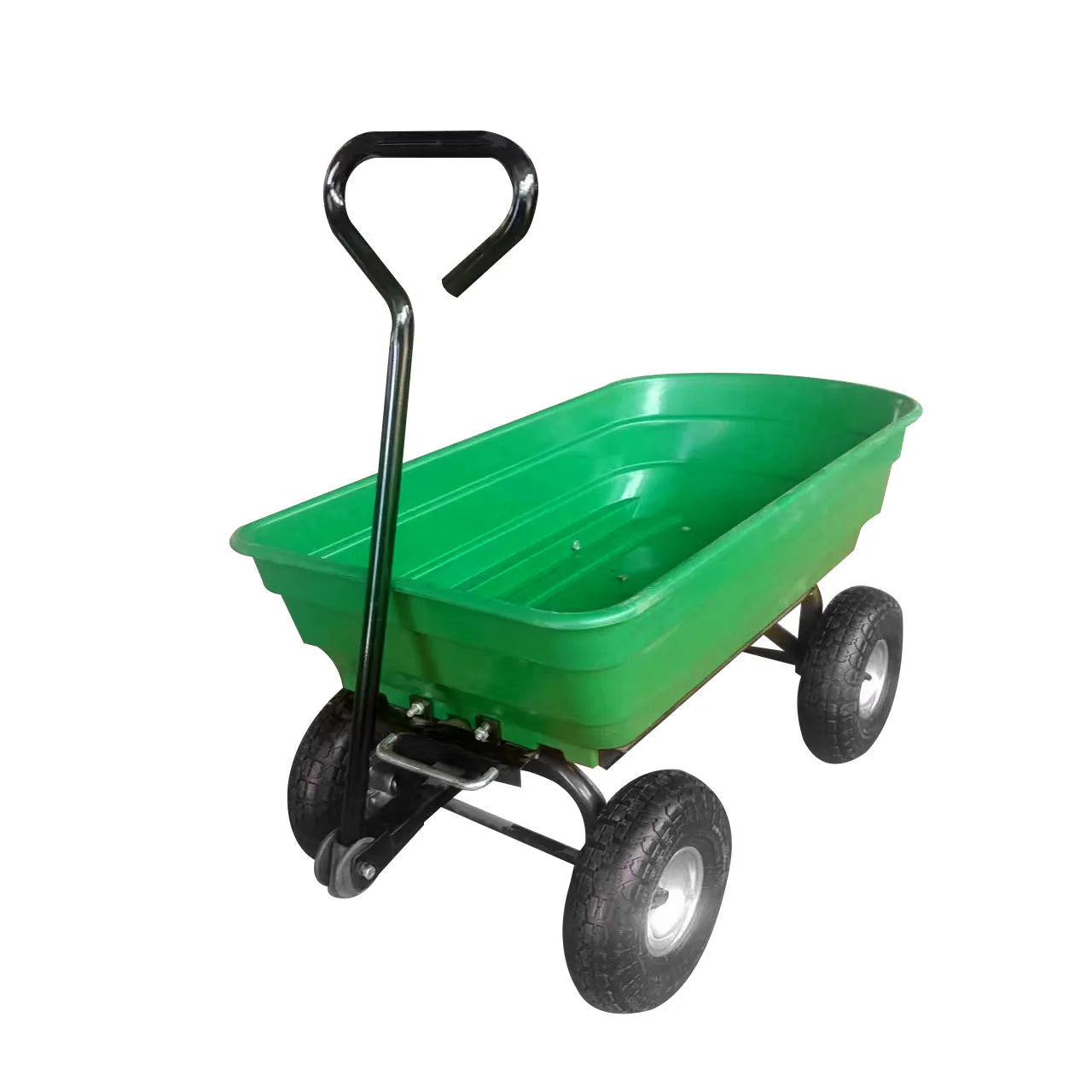Green four-wheel plastic dump truck with steel PP construction for garden and farm material transport