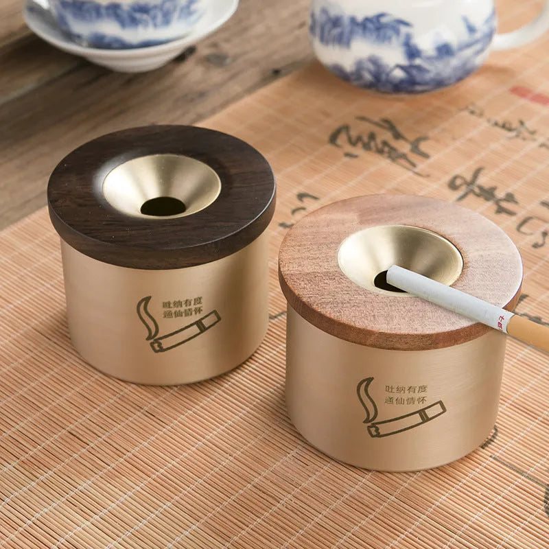 Solid brass copper ashtray with a wooden lid in retro style for home use