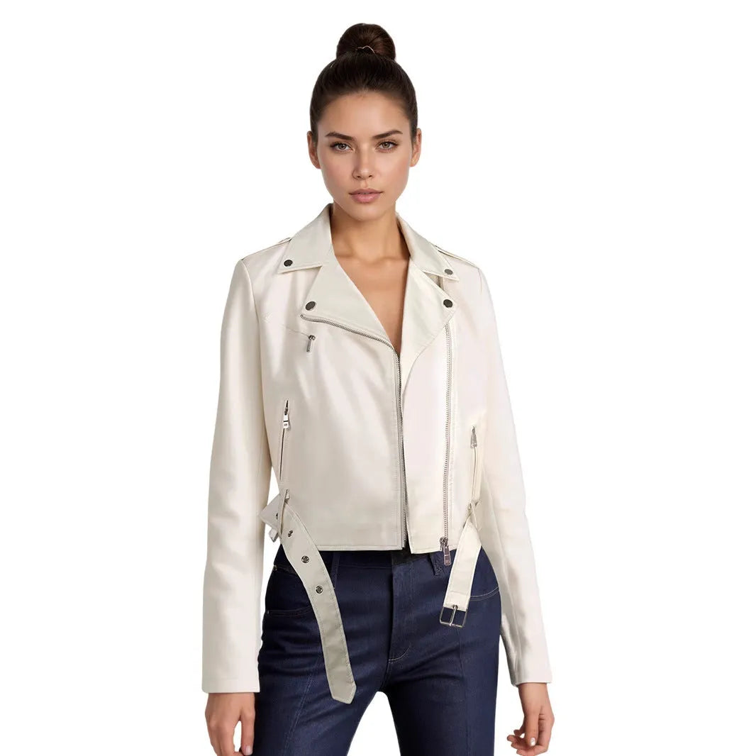Women's black PU leather motorcycle jacket with lapel collar and adjustable waist belt on a hanger.