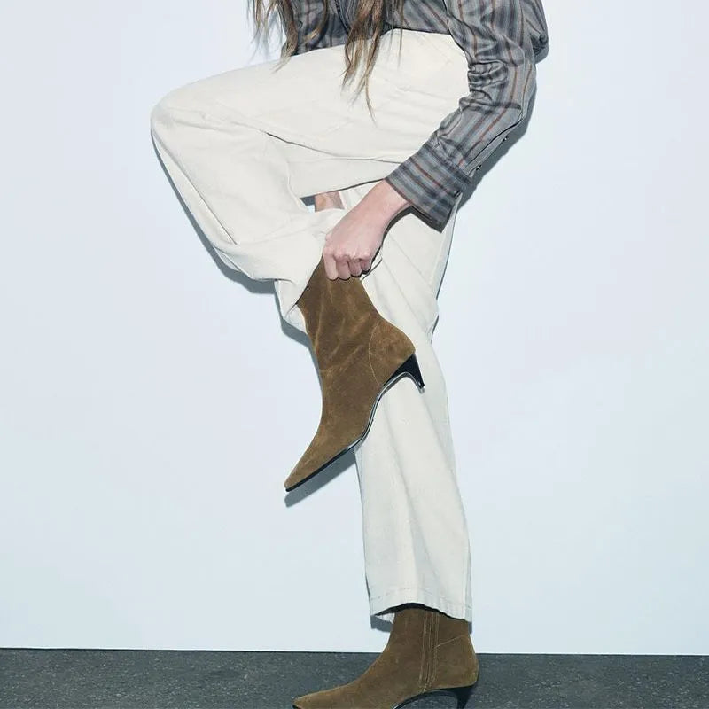 Brown square toe mid heel boots with side zipper and waterproof platform sole
