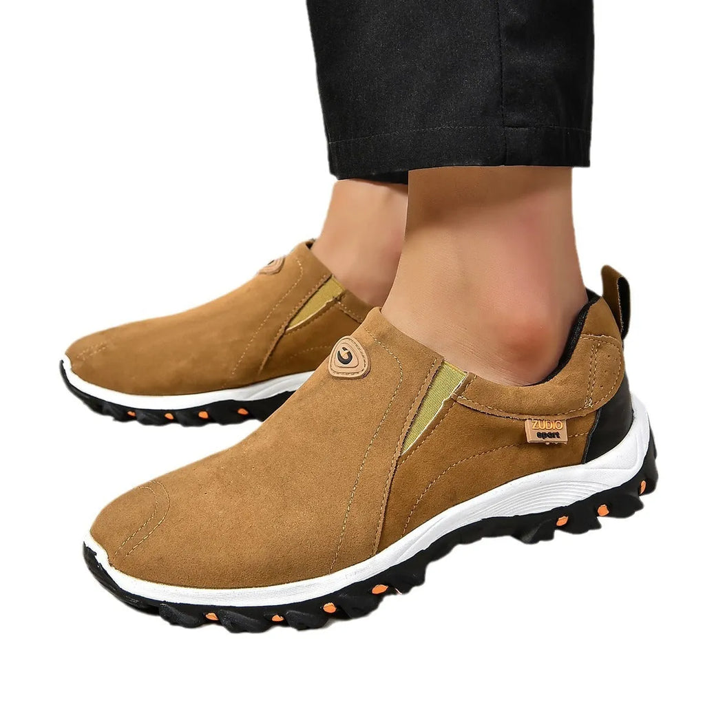 Men's round head thin shoes in five colours showing slip-on design for oversleeve applications