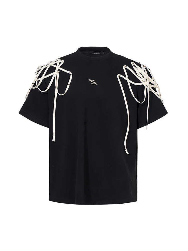 Black loose fit short-sleeve T-shirt with padded shoulders and decorative rivet ribbons.