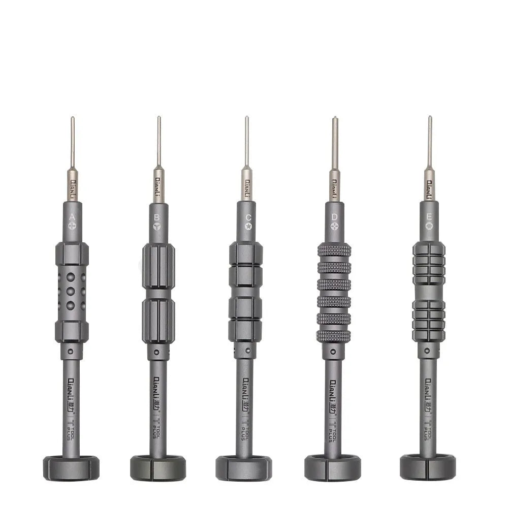 Precision screwdriver set with grenade-shaped aluminium handle and five bit types for iPhone repair