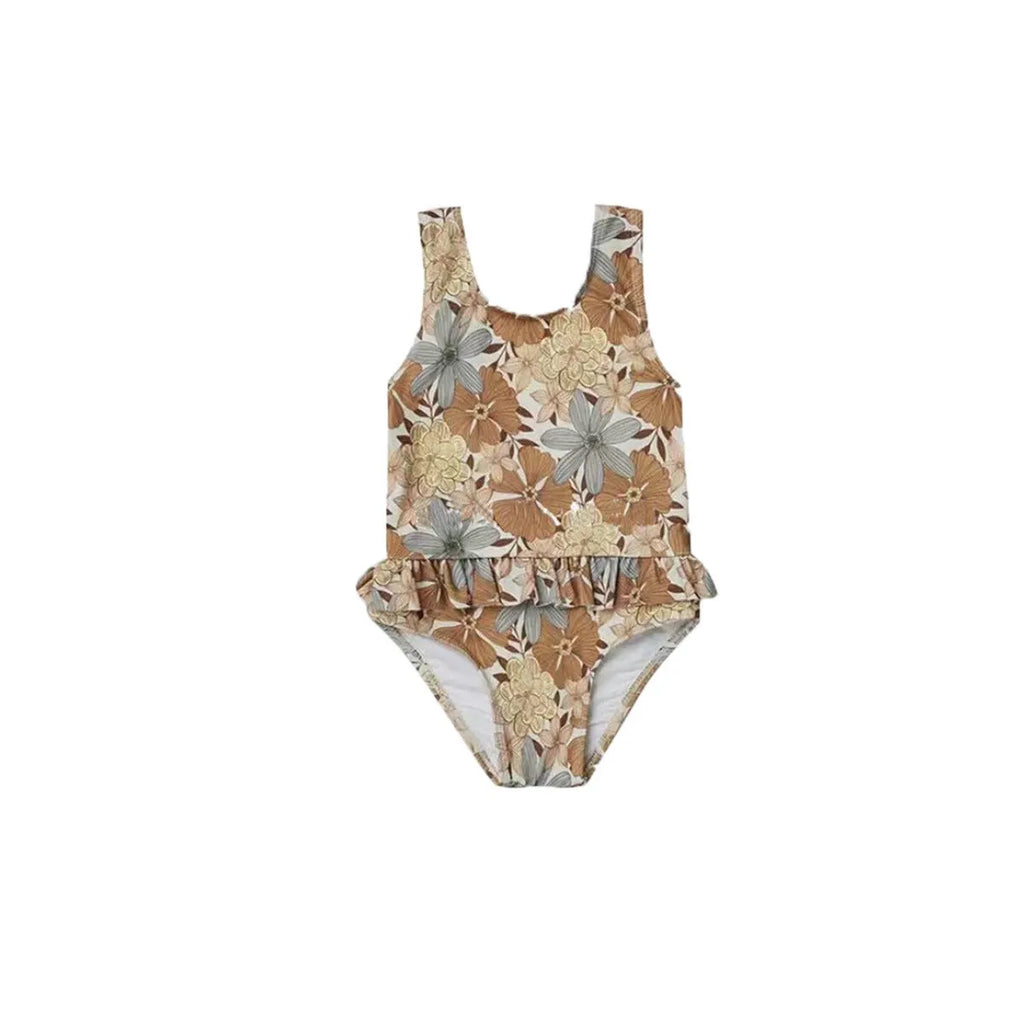 Children's high elastic polyester one-piece swimsuit in brown stripe option for girls aged 1-8