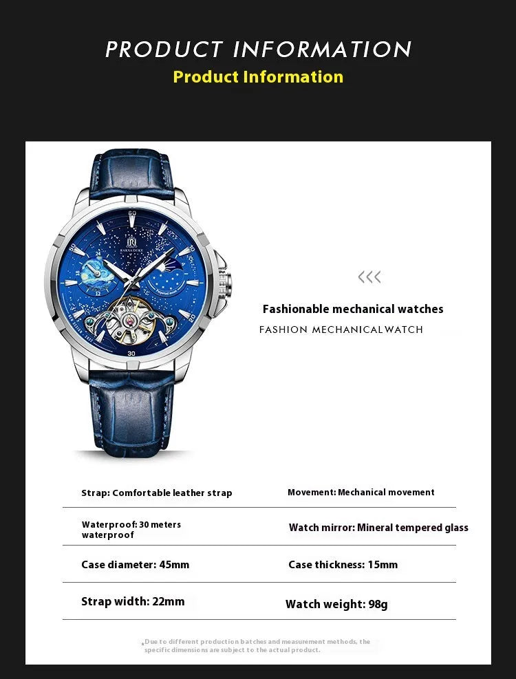 Men's blue dial automatic mechanical watch showing size 885b and 14mm thickness