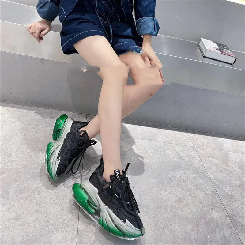 Women's leather casual sports shoes with thick rubber sole and cross-tie lacing in multiple colours