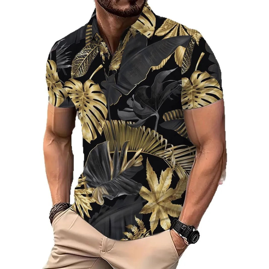 Men's gold tropical plant pattern short sleeve printed shirt on display