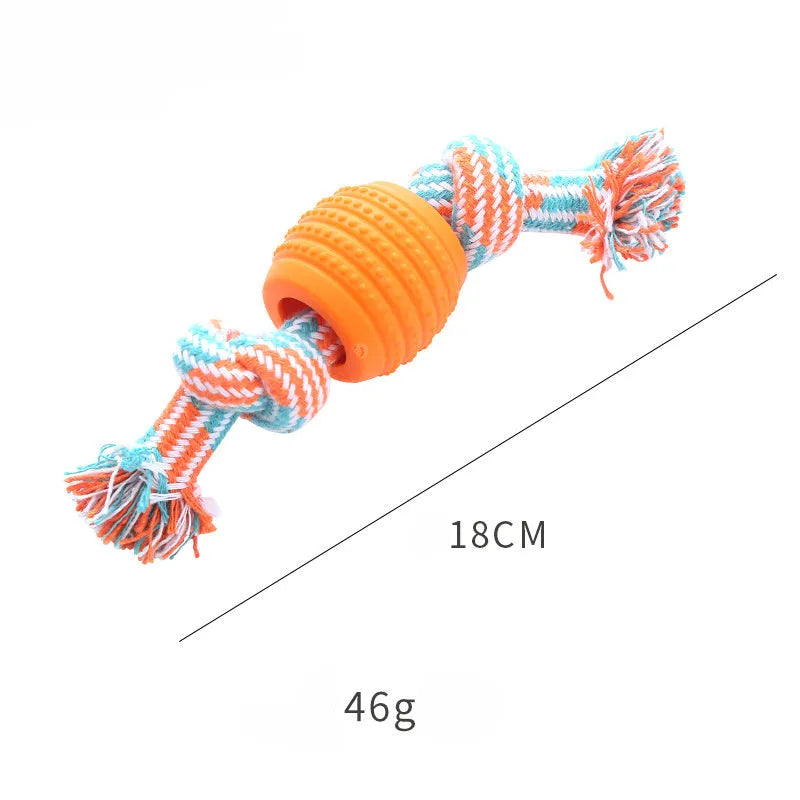 Blue molar-shaped dog chew toy with integrated rope elements for dental cleaning