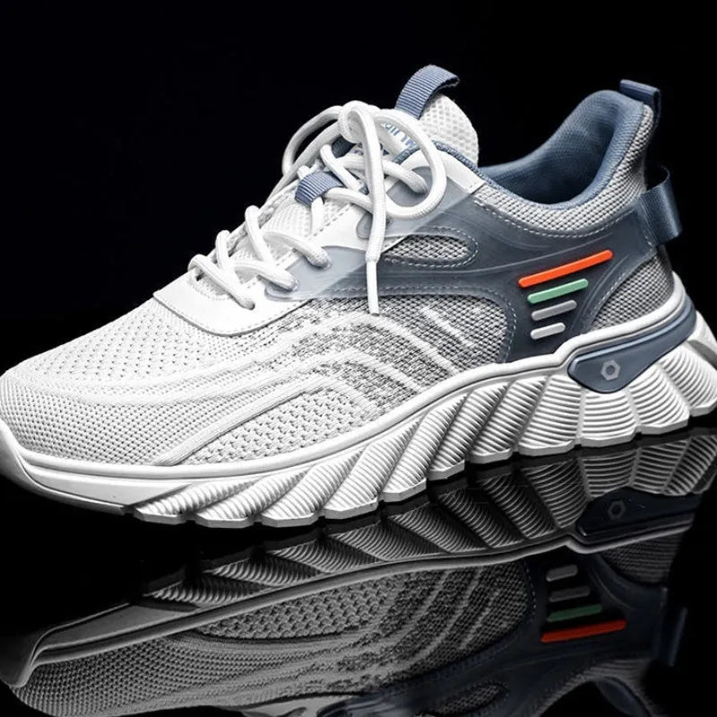 Men's white blue platform casual sports shoes with mesh upper and rubber sole
