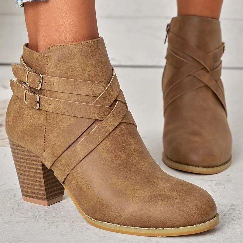 Plus size black short boots with side zip, buckle detail, and a 7cm thick heel.