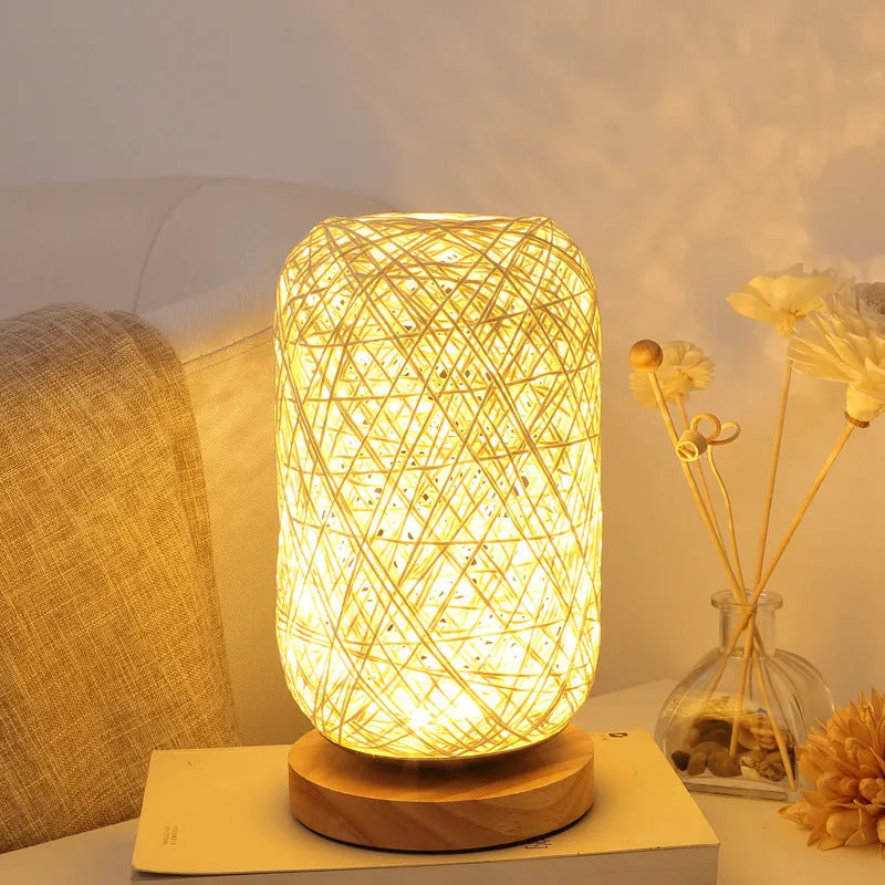 Sepak Takraw ball desk lamp with hemp rope construction on solid wood base