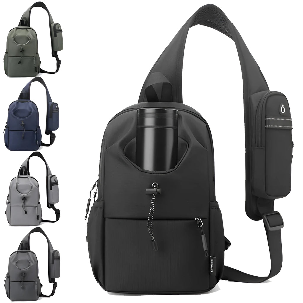 Oxford cloth waterproof shoulder chest bag for men, 21cm, dark gray, with stitching and letter details