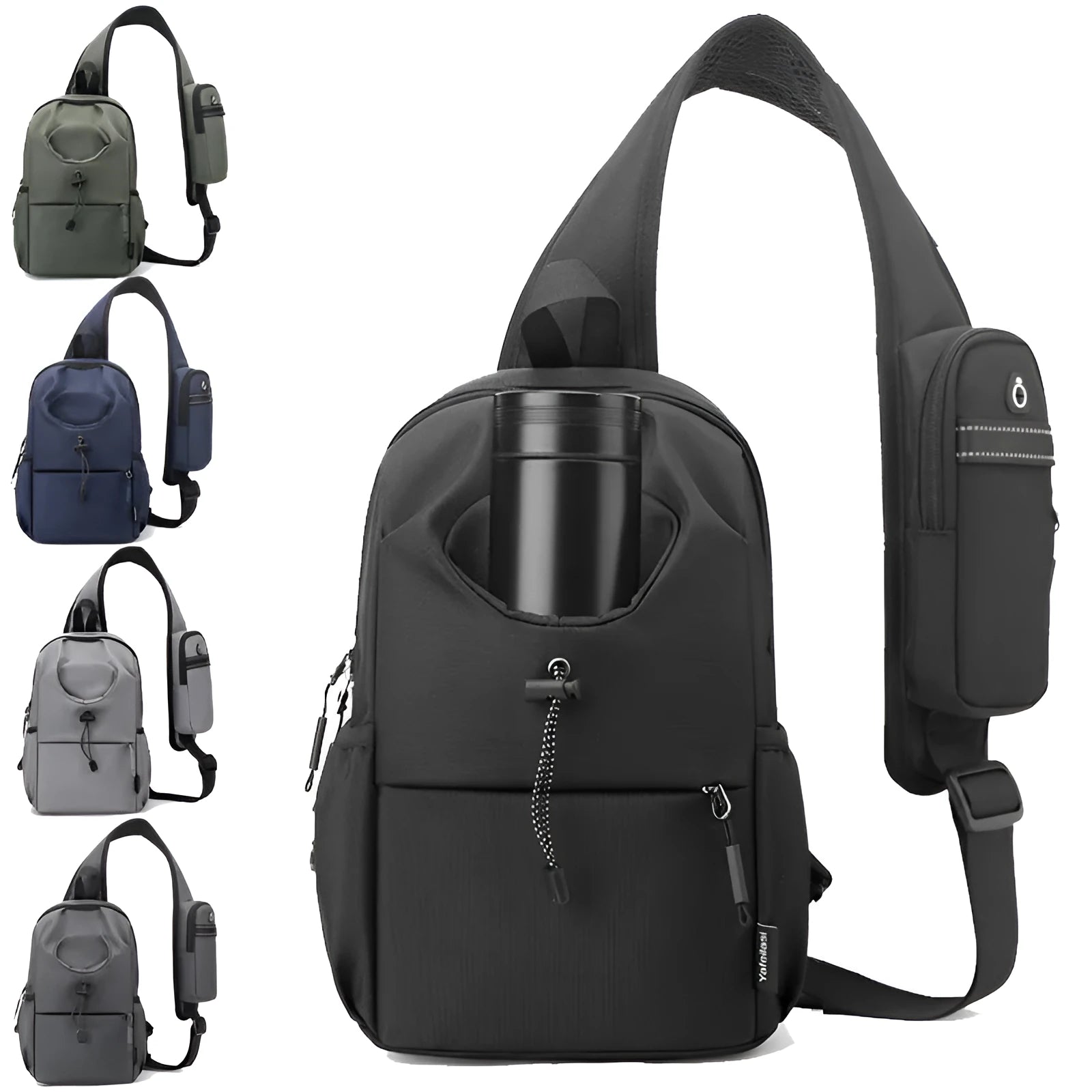 Oxford cloth waterproof shoulder chest bag for men, 21cm, dark gray, with stitching and letter details
