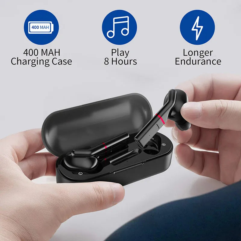 VV1 Bluetooth earphone in black with charging box, featuring Jerry Solution V5.0 and 50 mAh battery