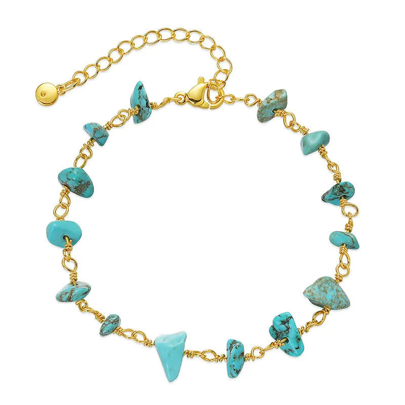 Geometric women's bracelet with irregular natural gravel turquoise stones and crystal elements on 18K copper