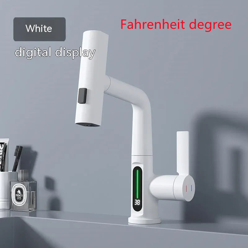 Intelligent digital display pull-out basin faucet with LED temperature screen, copper finish, and 60cm hose