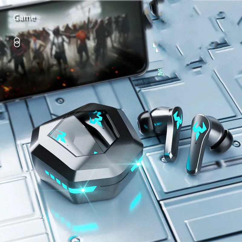 Black wireless in-ear noise-cancelling headphones for sports and gaming with Bluetooth 5.0.