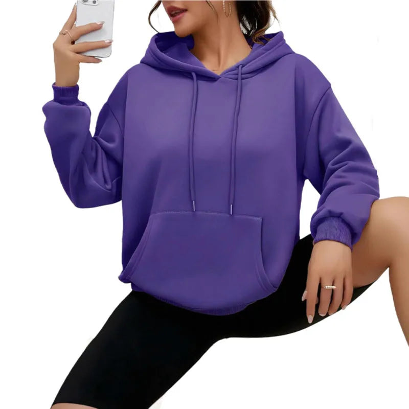 Loose long sleeve women sweatshirt with drawstring hem and front pocket in various colours like khaki and orange gray