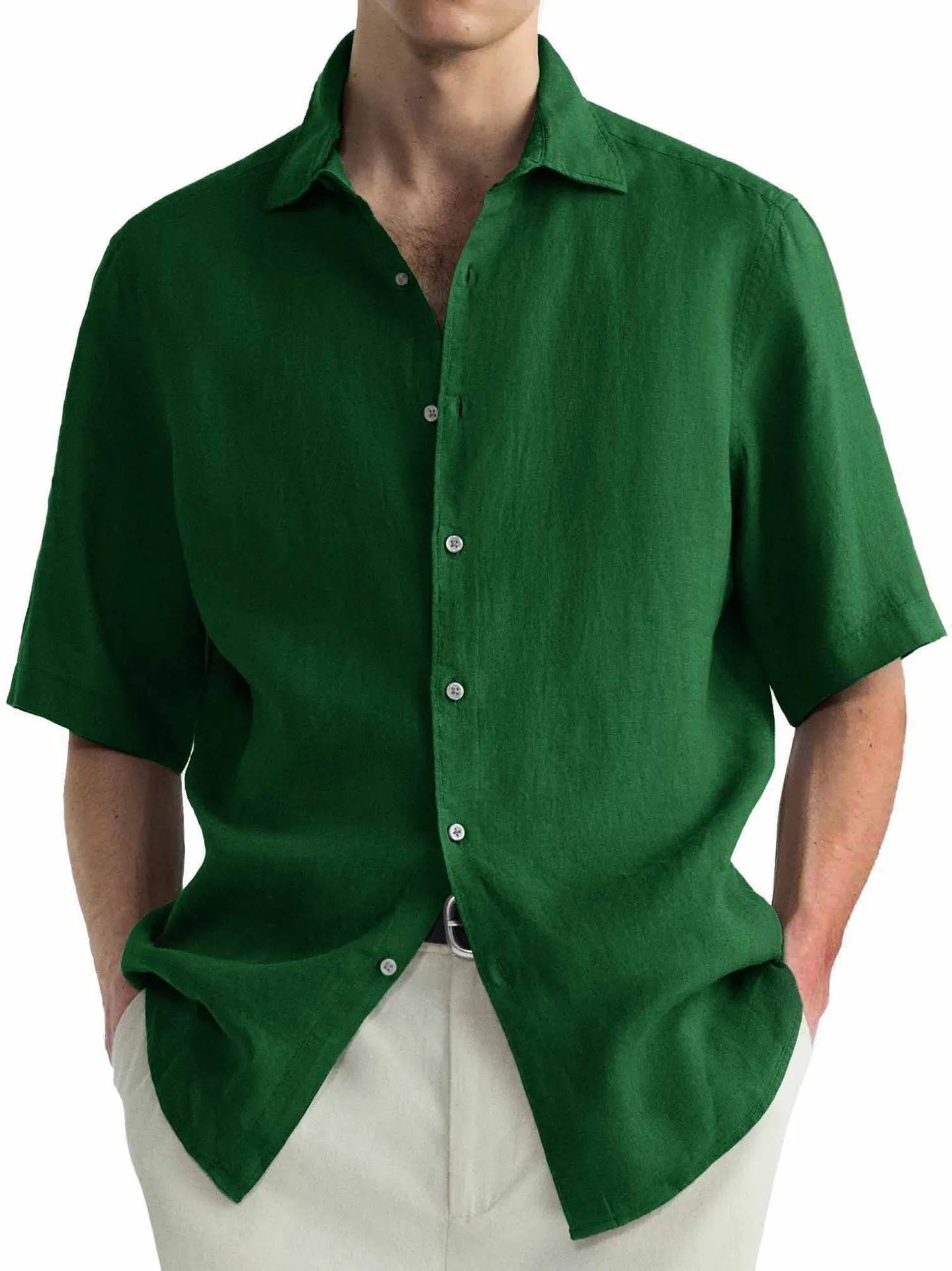 Green men's casual cotton cardigan-style shirt showing regular fit and washed fabric texture