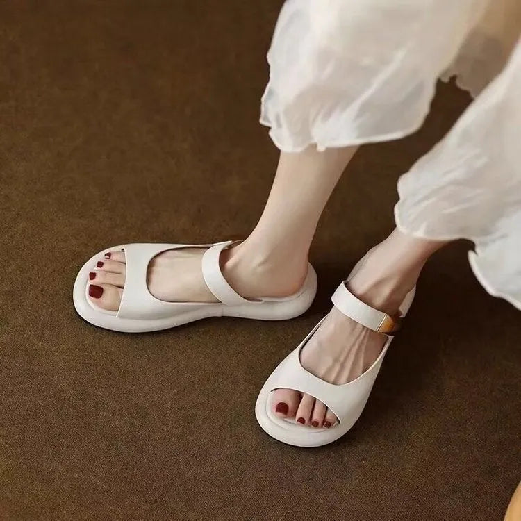 Peep toe flat platform sandals in apricot or white colour with rubber sole