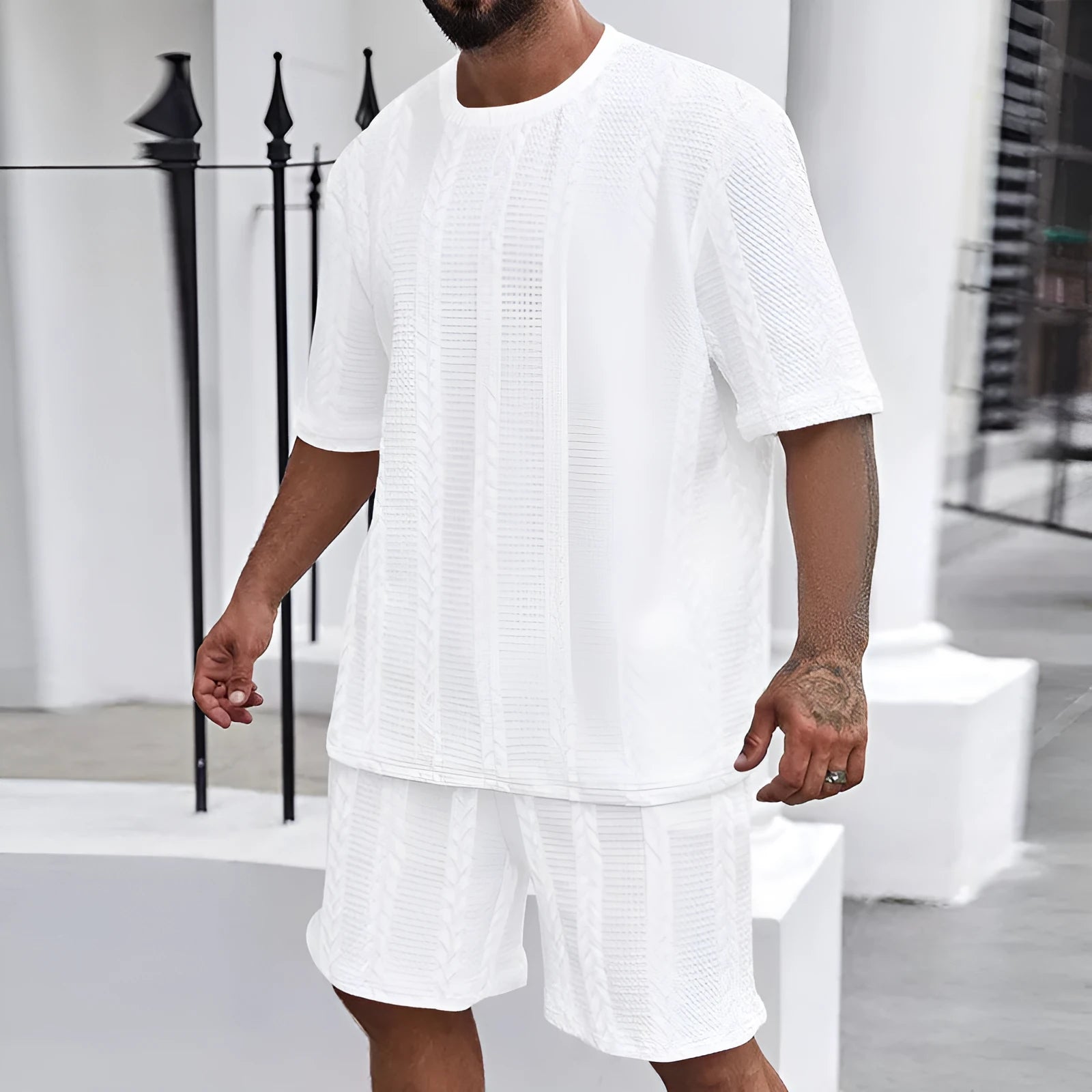 Knitted solid colour jacquard round neck short sleeve pullover top with matching shorts set in white, black, navy, khaki, light gray, polyester, sizes S-XXXL