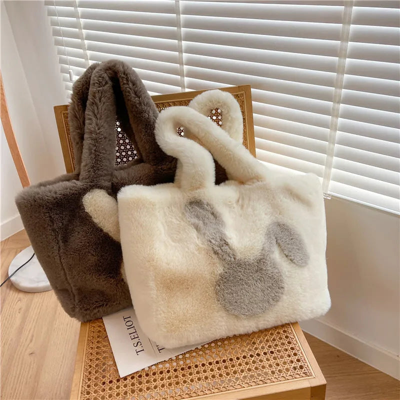 Plush cartoon rabbit ears shoulder bag in solid colour with large tote capacity