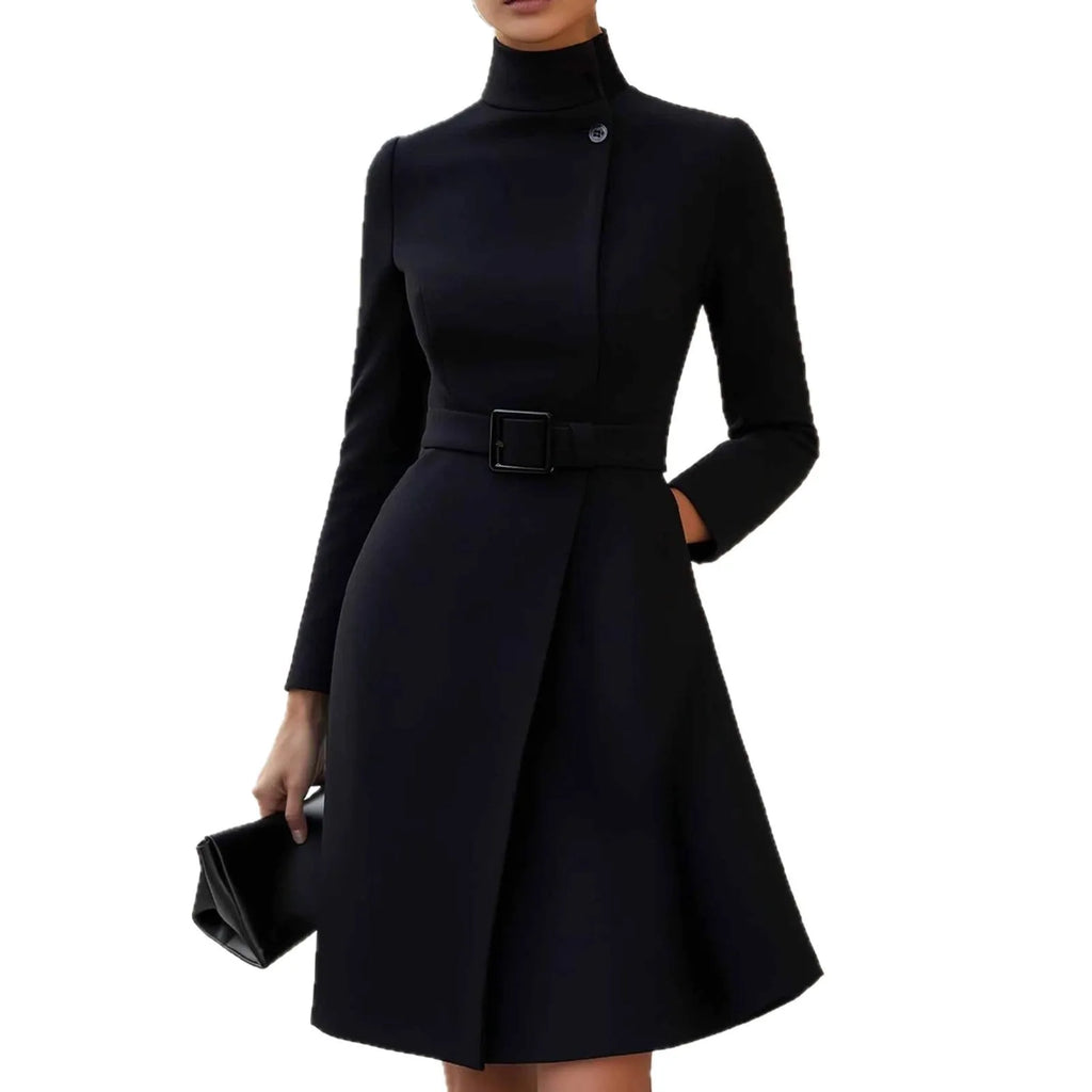 Women's long sleeve bohemian casual dress with standing collar, high waist, short skirt, available in black and wine red, sizes S to XXXL