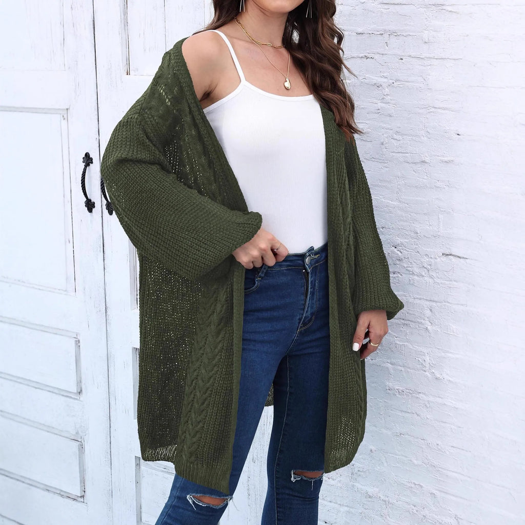 Women's loose fit brown acrylic sweater coat, open front cardigan style on hanger
