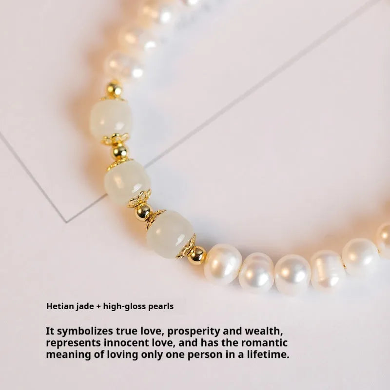 Korean style bracelet with diamond-shaped natural freshwater pearls in electroplated Hetian jade colour.