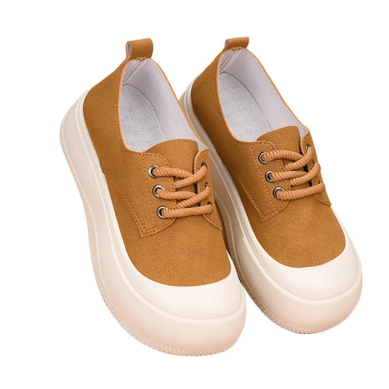 Women's camel suede platform loafers with round toe and lace-up front adding 4cm height