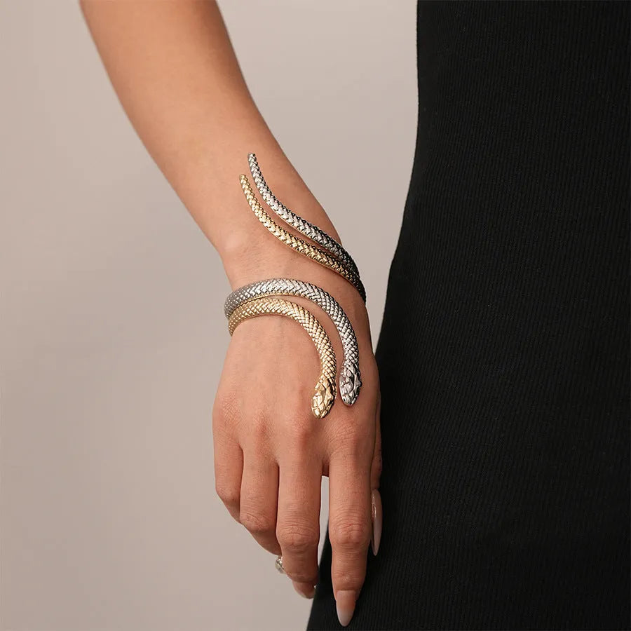 Gold metal ring and bracelet set with exaggerated twisted winding design and simulated snake opening details